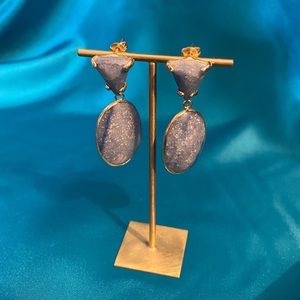 Blue gemstone gold wrapped drop dangle earrings